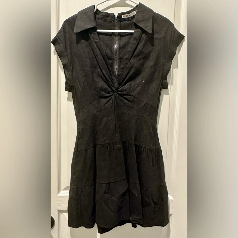 Alice + Olivia Sleeveless Mila Linen Twist Front Black Mini Dress ZB5